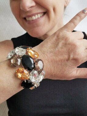 Vtg Chunky Black Honey Taupe Crystal Clamper Bracelet Silver Tone Statement